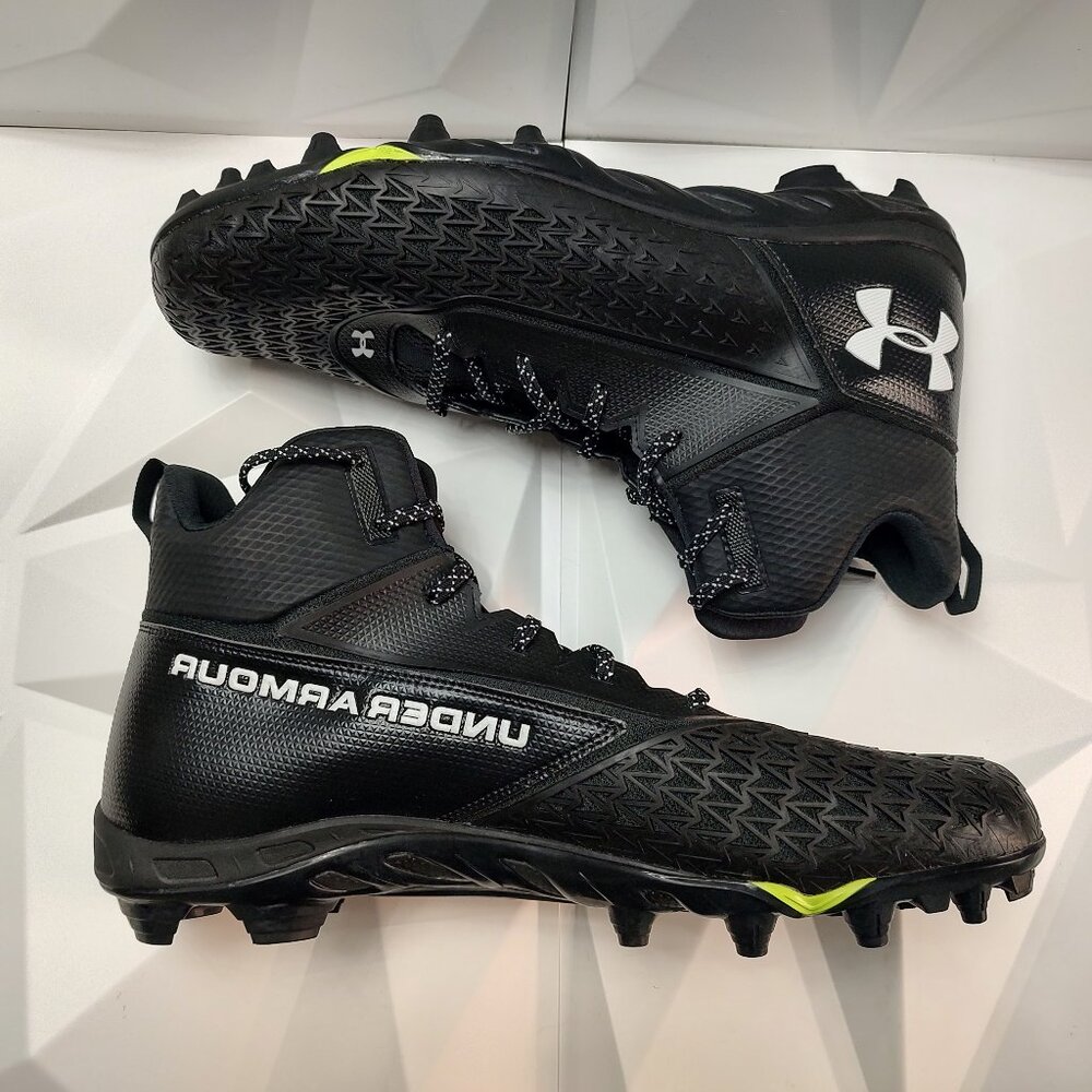 Under Armour Mens Football Cleat 16 Black White Shoe Lacrosse High Molded